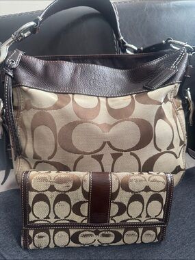 Coach Beige and Brown Signature Canvas Shoulder Bag with Matching Wallet